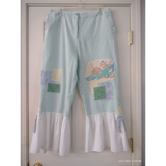 OOAK Green & White Stripe Patched Boho Hippie Shabby Bloomers Pants Storyboo - Picture 1 of 10
